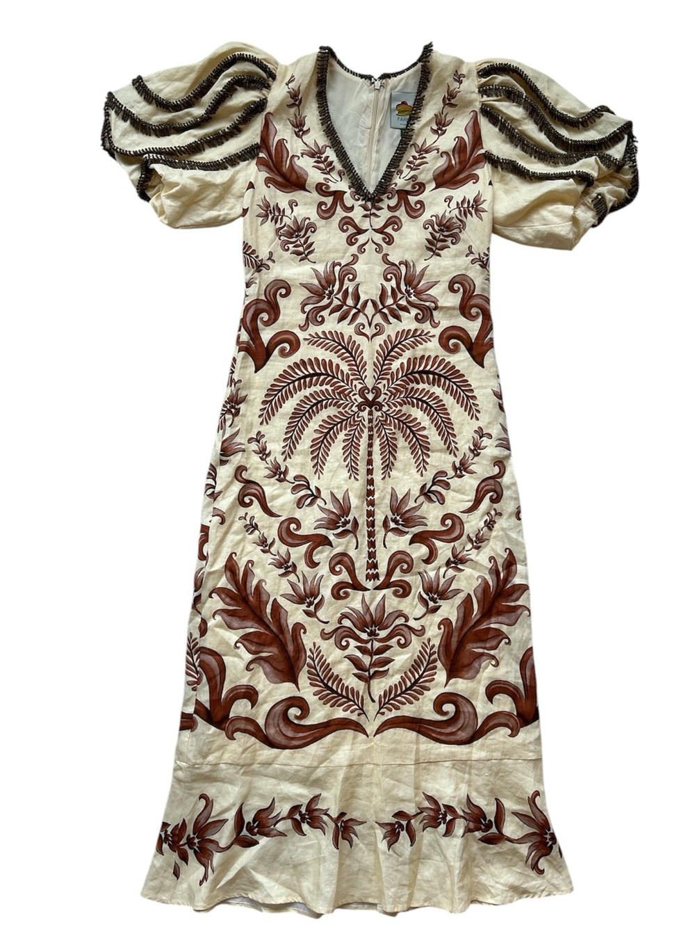 FARM Rio Milani Bead Trim Puff-Sleeve Linen Maxi Dress Size Medium NWT - Picture 5 of 8